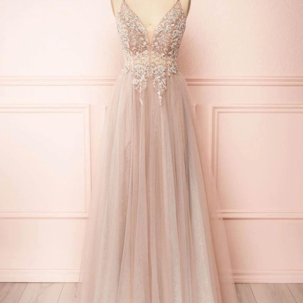 Blush Pink Embroidered Tulle Evening Gown